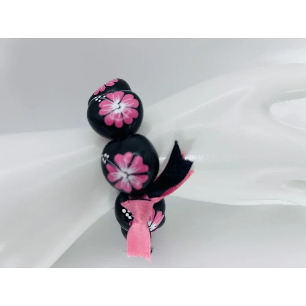 Bracelet Black Large Plastic Beaded Pink Flower Ribbon Womens Fashion Jewelry